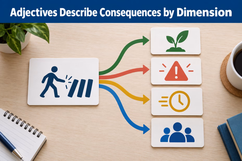 A branching action-and-outcome diagram illustrates how adjectives describe the value, timing, severity, and reach of consequences.