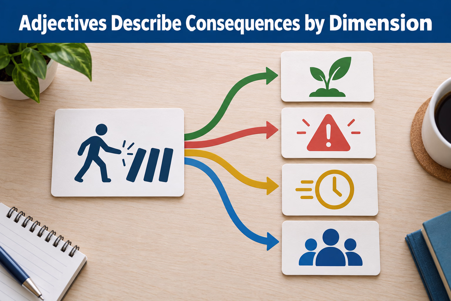 A branching action-and-outcome diagram illustrates how adjectives describe the value, timing, severity, and reach of consequences.