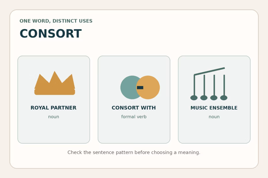 Three meanings of consort: a royal partner, the formal verb consort with, and a music ensemble.