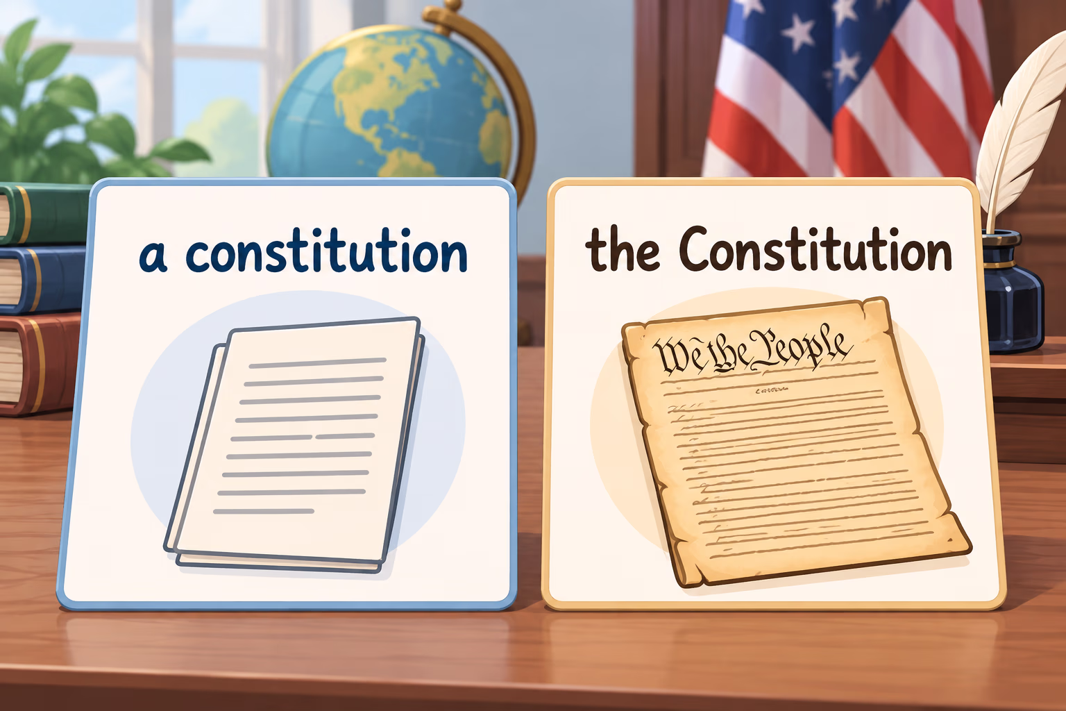 Two cards contrast ‘a constitution’ in lowercase with ‘the Constitution’ capitalized, beside a US flag and parchment.