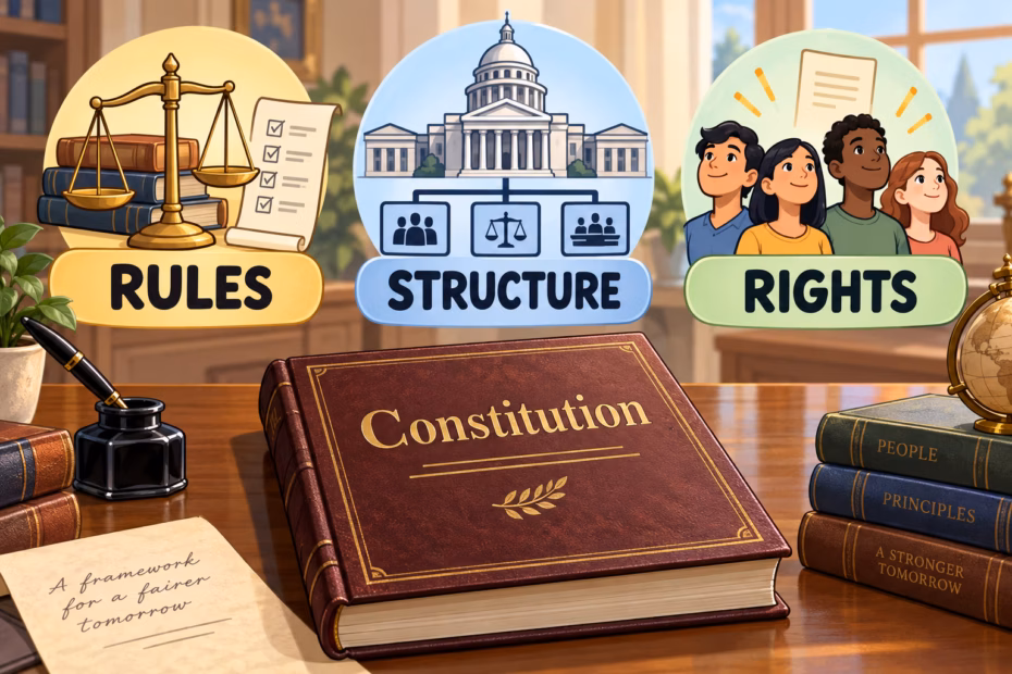 A constitution book sits below panels labeled Rules, Structure, and Rights, with civic and community illustrations.