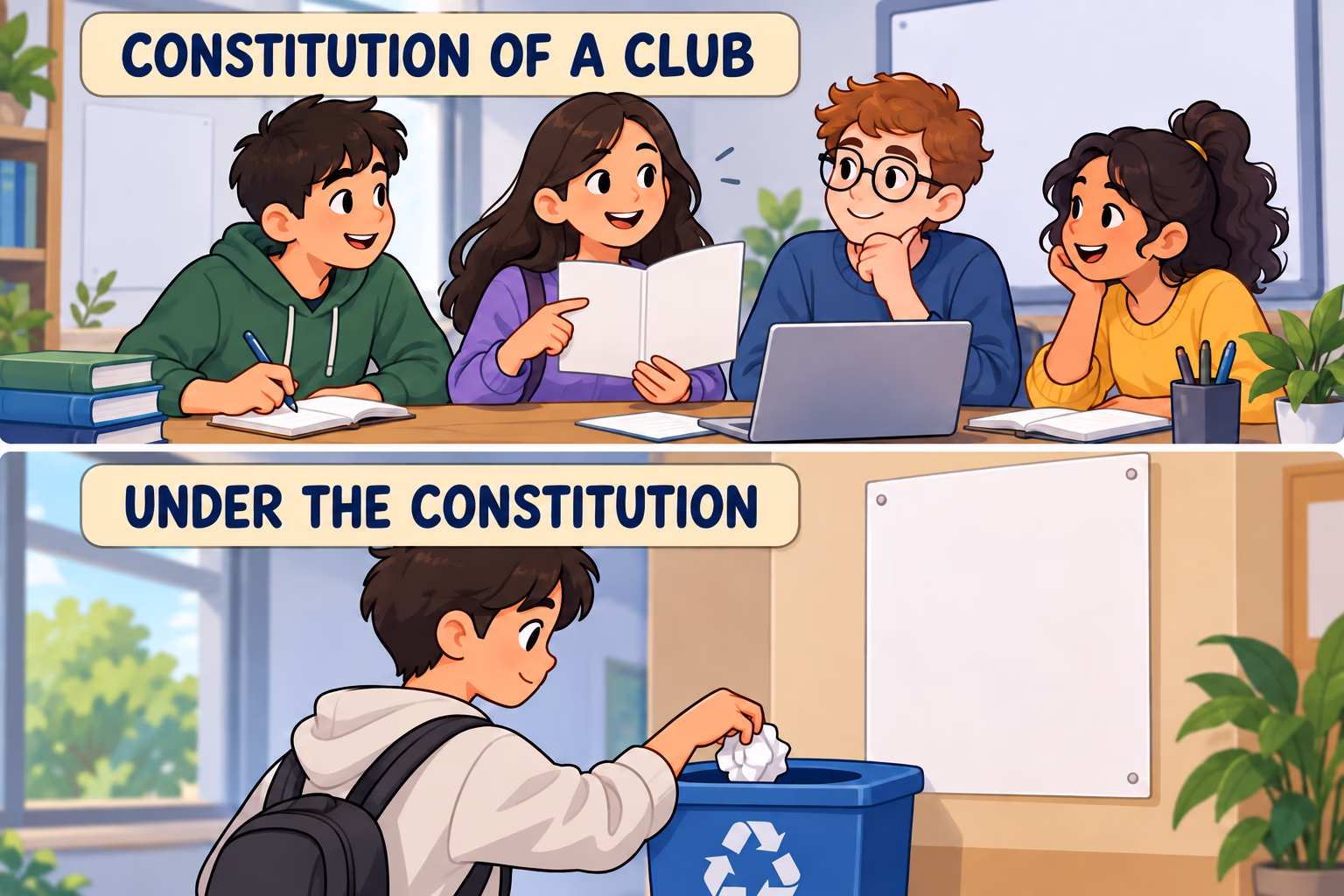 Students review a club handbook and a student follows a posted rule, with the labels Constitution of a Club and Under the Constitution.