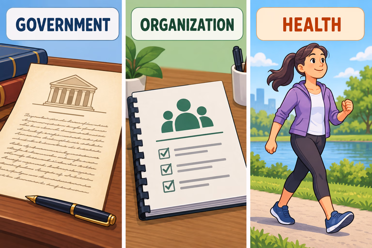 Three panels labeled Government, Organization, and Health pair a civic document, a club handbook, and a walking person.