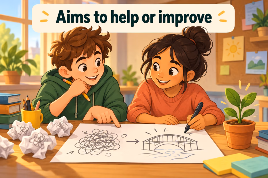 Two classmates work together to turn a rough idea into a clearer plan, illustrating the meaning of constructive.