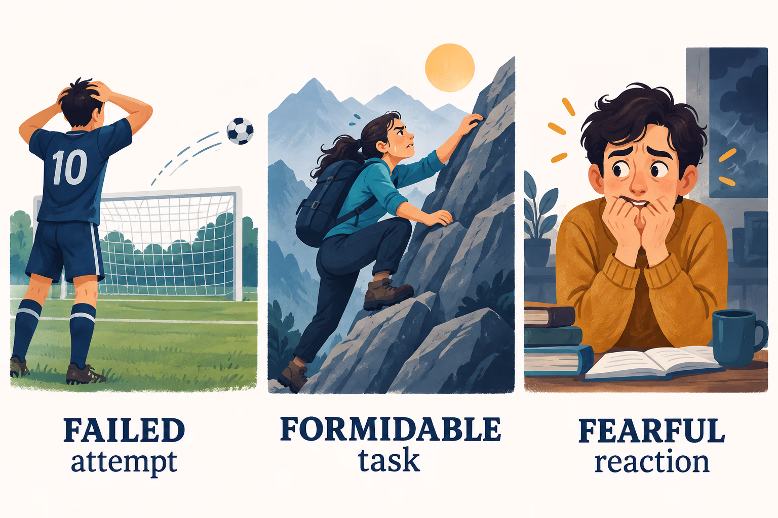 Examples distinguish a failed attempt, a formidable task, and a fearful reaction