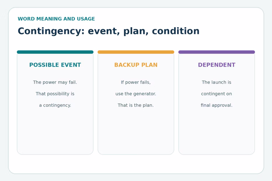 Three examples show an uncertain event, a backup plan, and a condition something depends on.