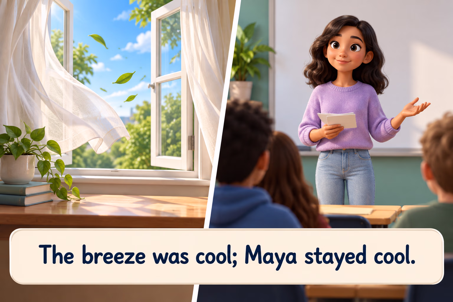 Open window with a breeze and a student calmly presenting. Text: “The breeze was cool; Maya stayed cool.”
