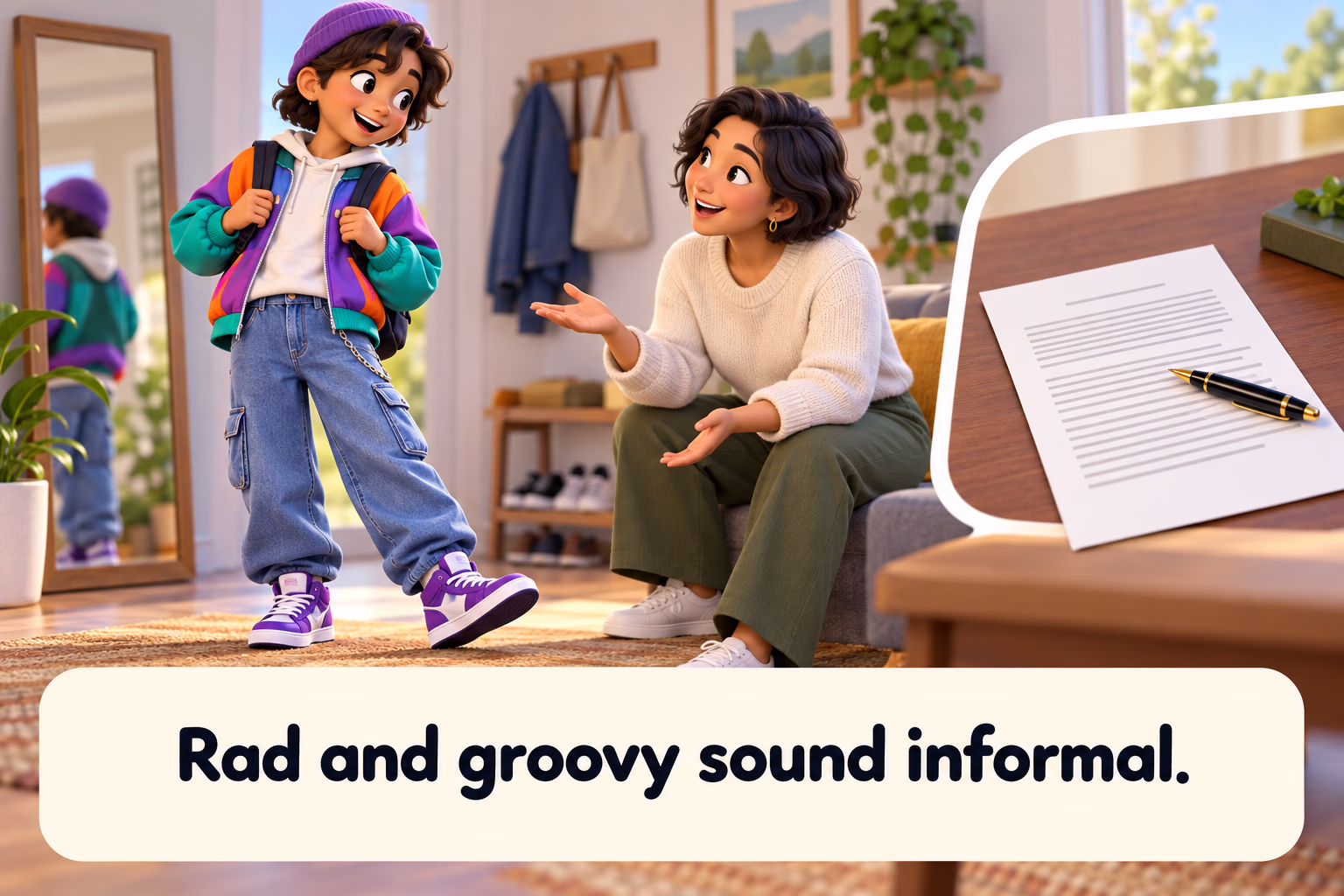 A young person in casual clothes talks with an adult, with a formal writing page beside them. Text: “Rad and groovy sound informal.”