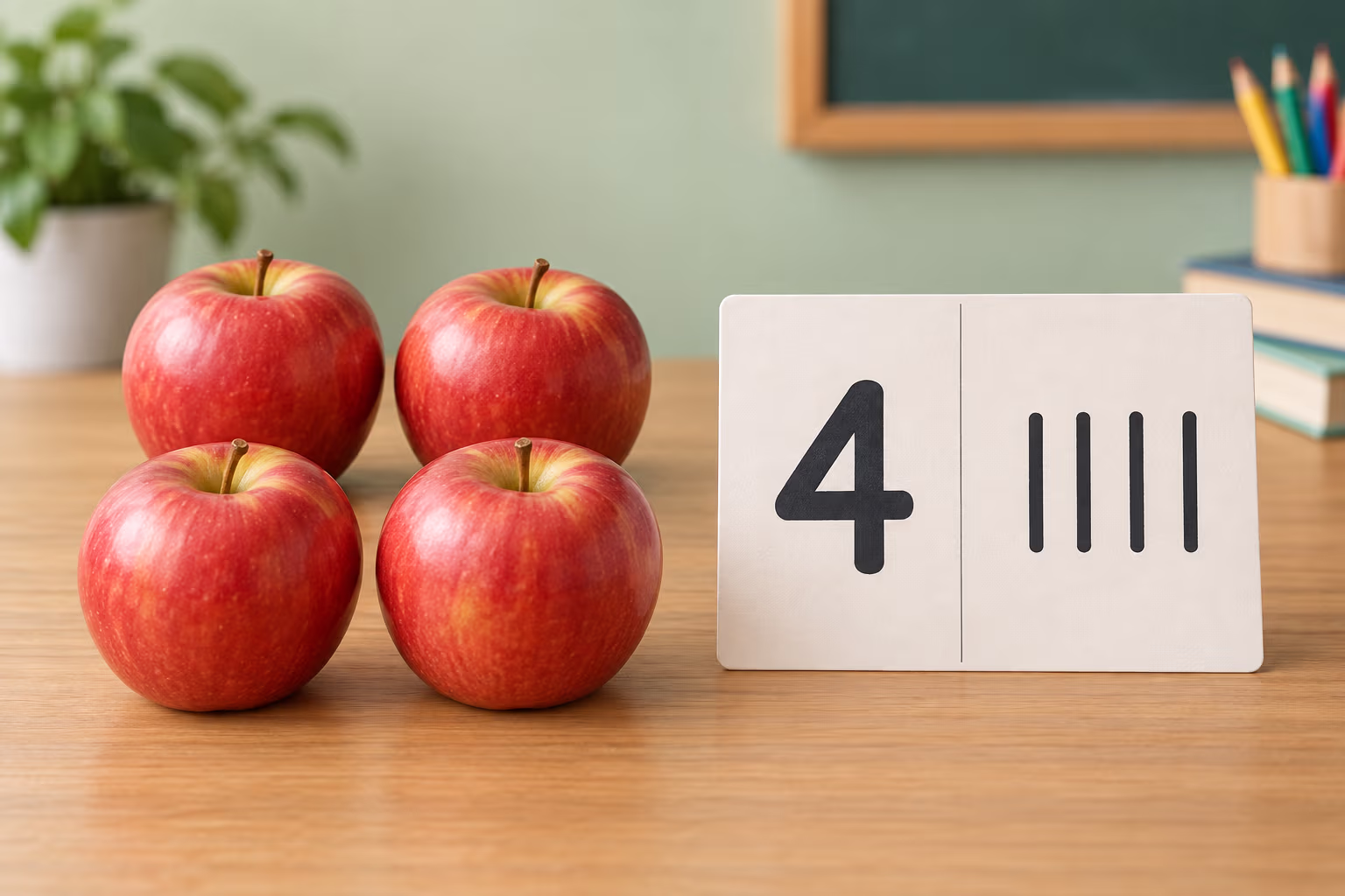 Four apples are shown beside the numeral 4 and four tally marks.