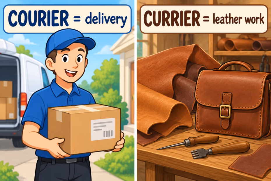 A split cartoon compares a courier carrying a parcel and a currier working with leather; the labels define their different jobs.