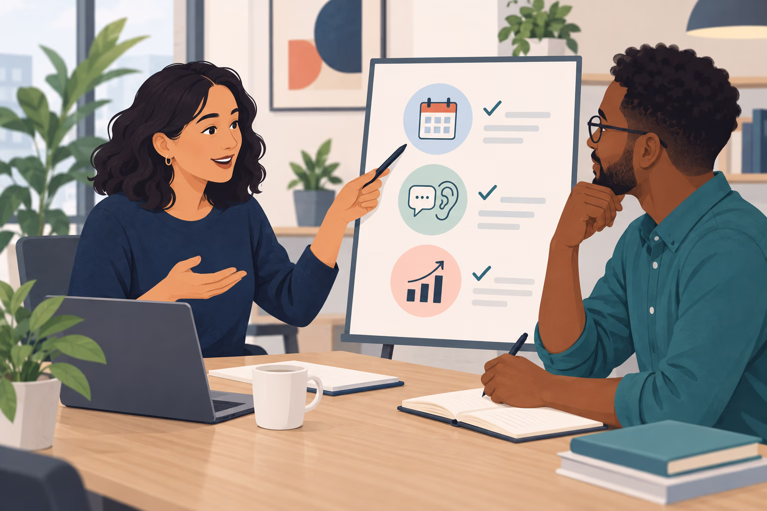 Two coworkers reviewing a project checklist with evidence of deadlines, listening, and results.