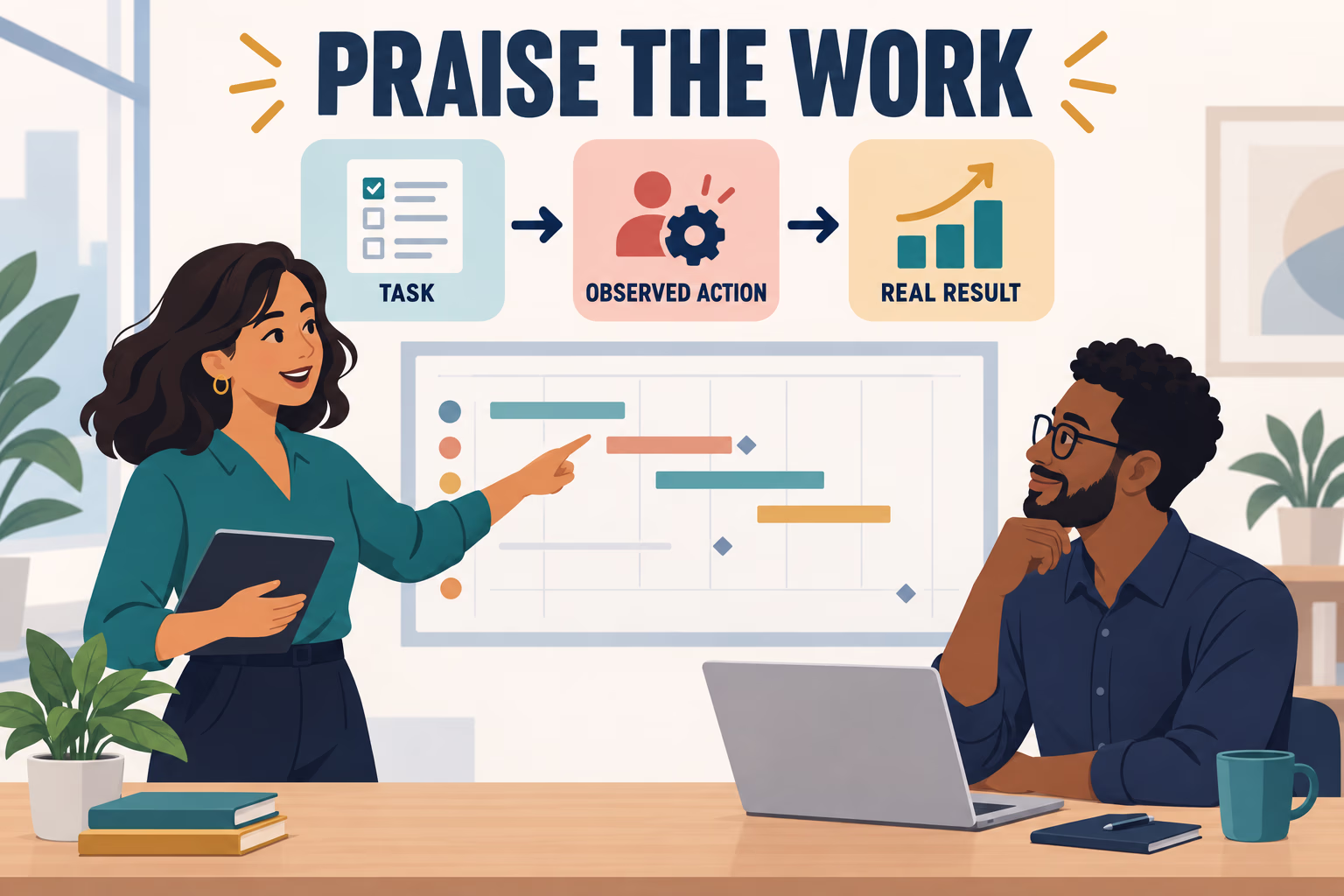 Coworkers using observed actions and verified outcomes to make workplace feedback specific.