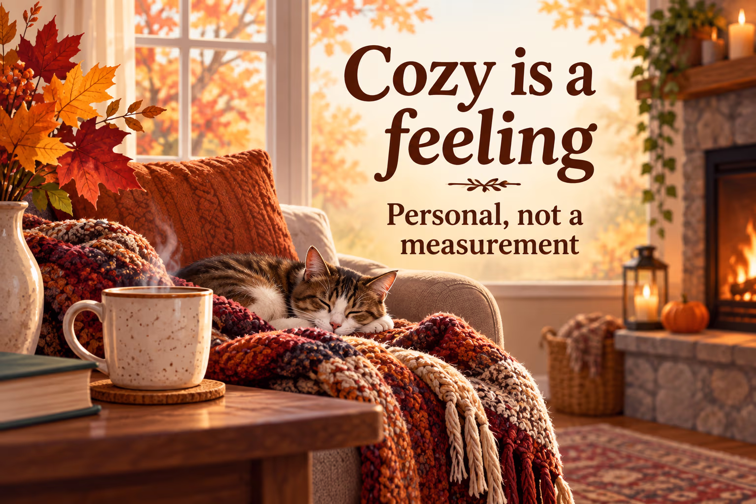 Warm autumn room with a blanket, mug, and leaves beside the text ‘Cozy is a feeling’ and ‘Personal, not a measurement’