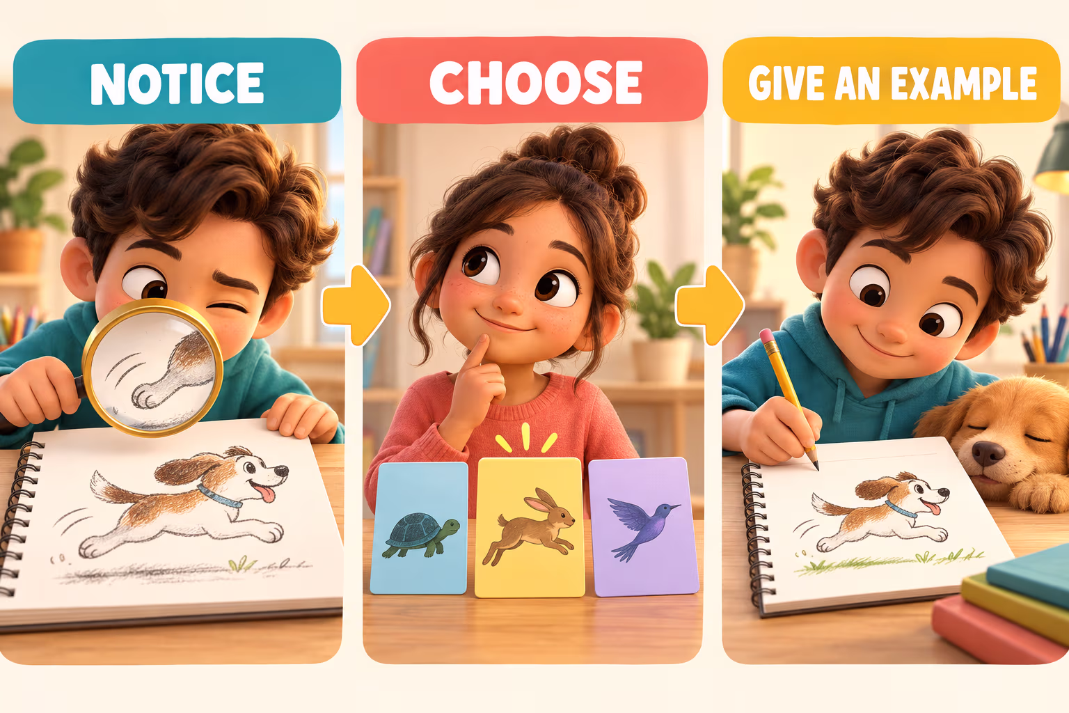 Three-step illustrated guide: notice a creative action, choose a precise adjective, and add an example