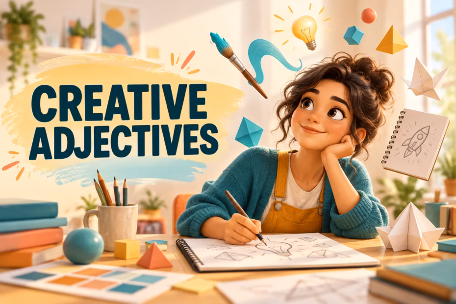 Creative adjectives illustrated as a designer imagines, invents, and sketches in a bright studio