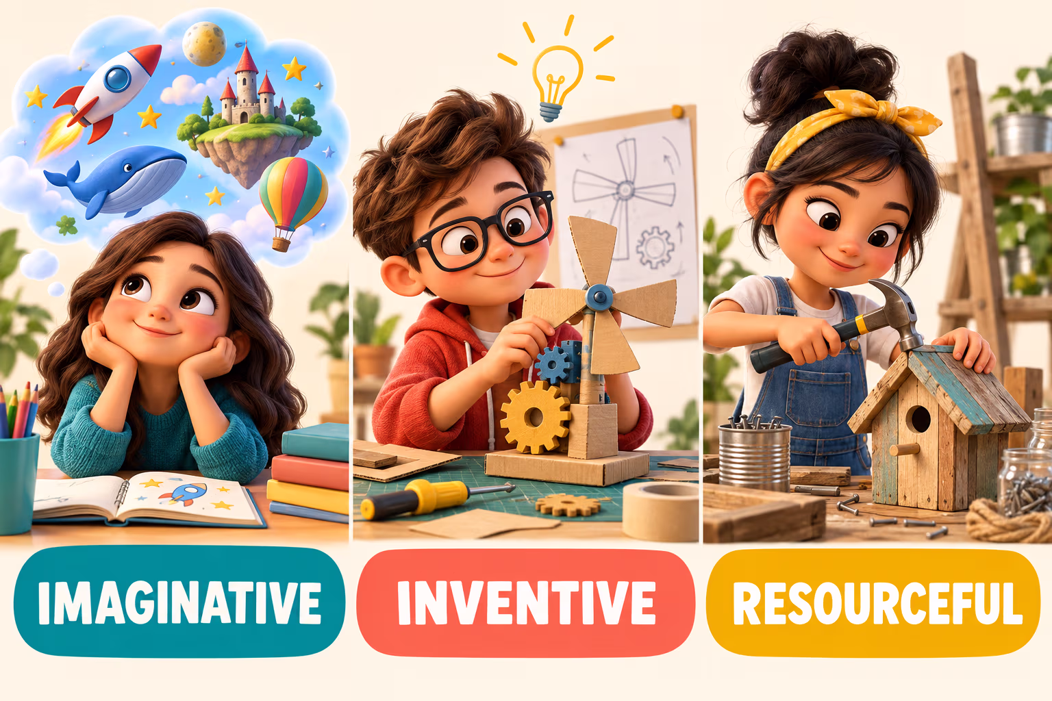 Three illustrated creative strengths: imaginative ideas, an inventive solution, and resourceful use of simple tools