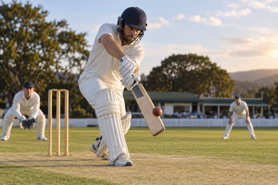 Cricket batter playing a controlled shot on a green oval pitch, with wickets and fielders visible.