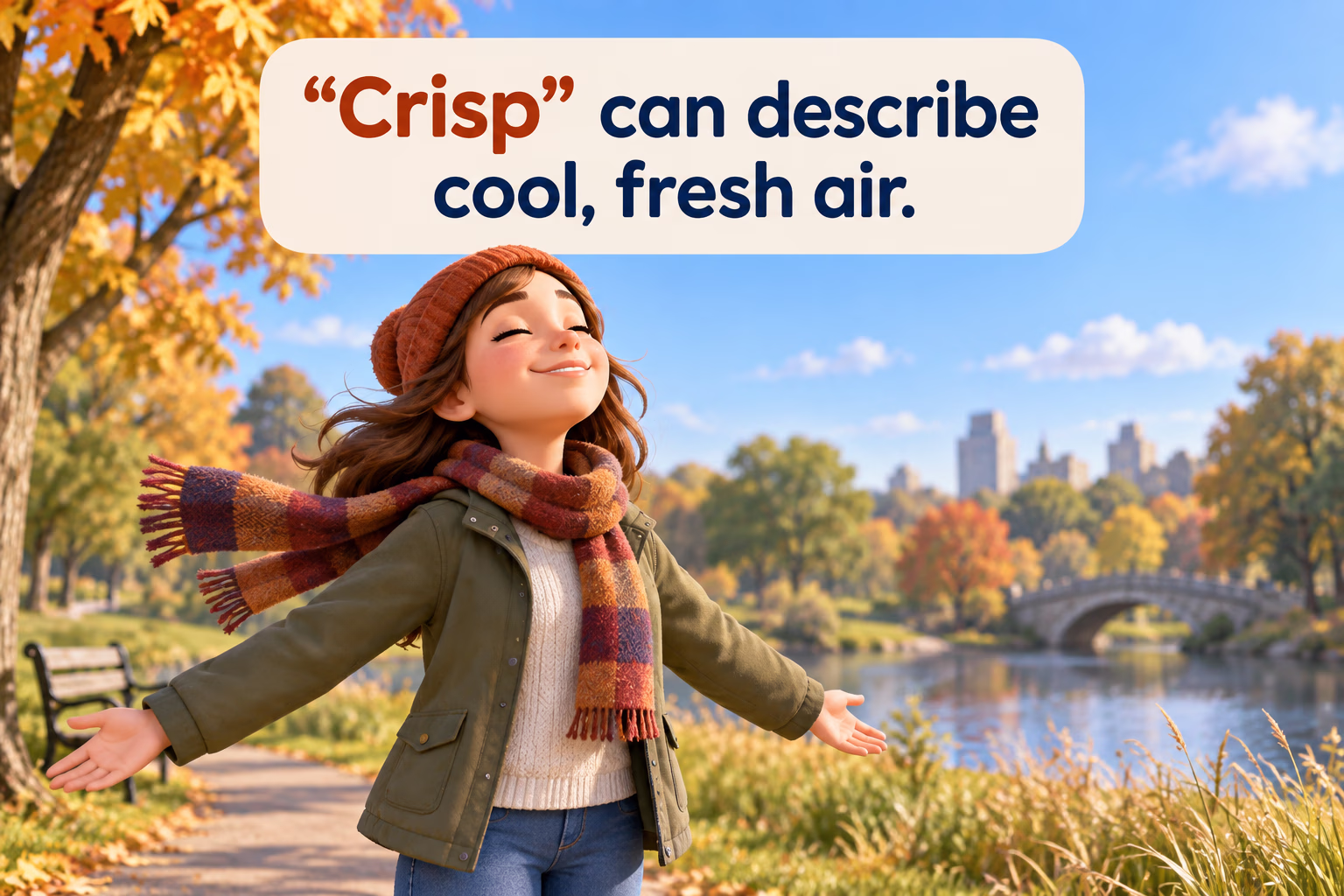 Cartoon person enjoying cool, fresh air outdoors; the image shows one meaning of crisp