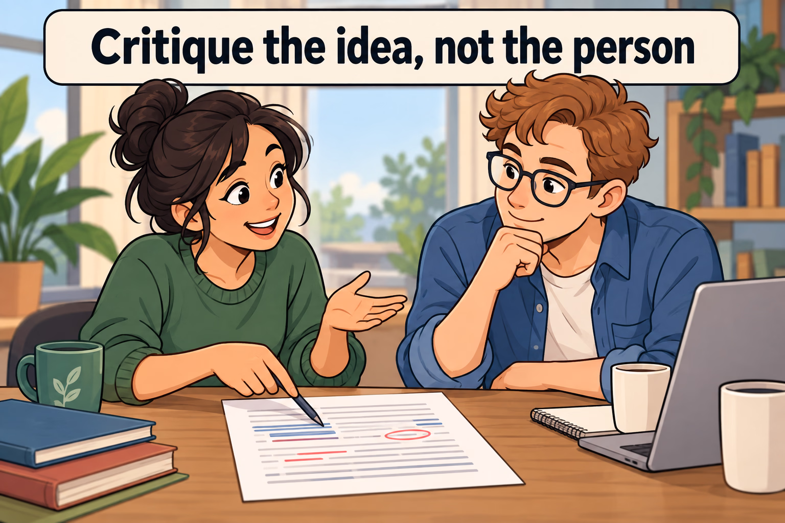A person discusses a draft with a peer and points to the work rather than blaming or labeling the writer.