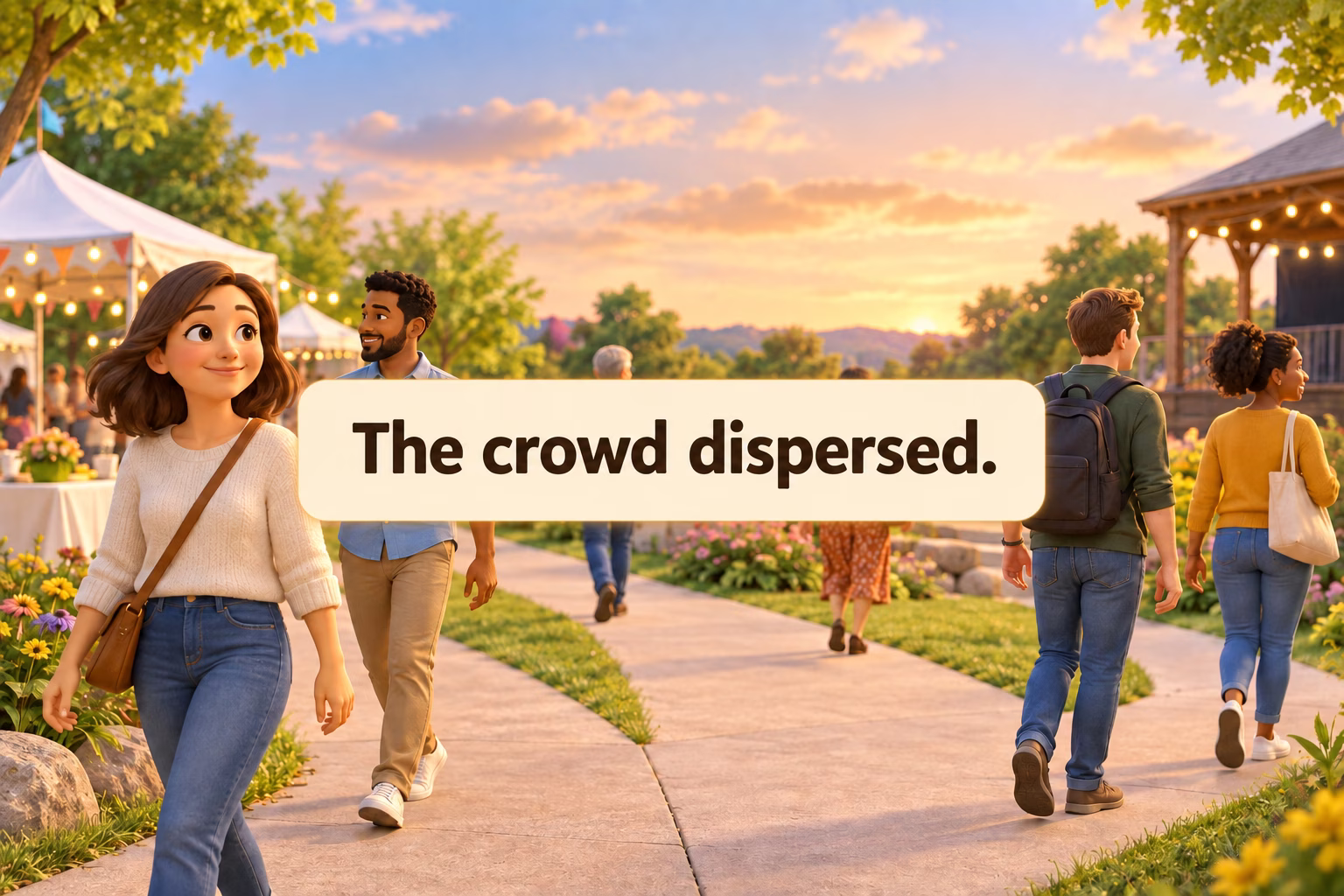 People walk away from an outdoor community event in different directions.