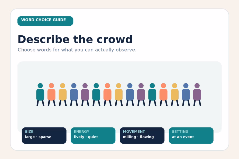 An illustrated crowd with four descriptive lenses: size, energy, movement, and setting.