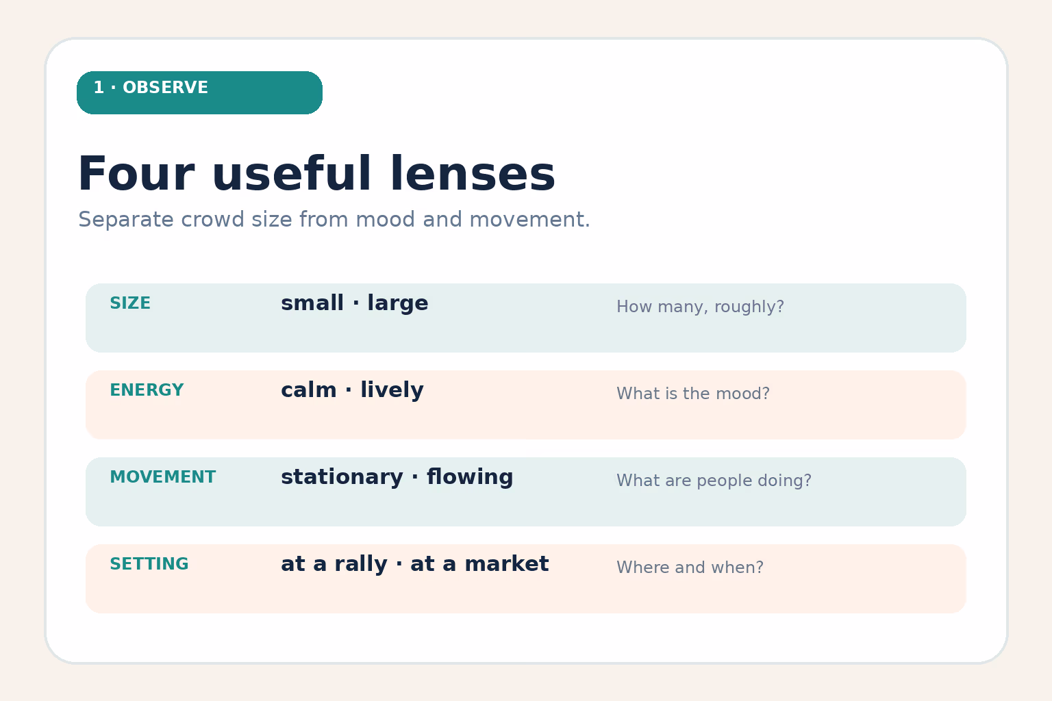 Four lenses for describing a crowd: size, energy, movement, and setting.