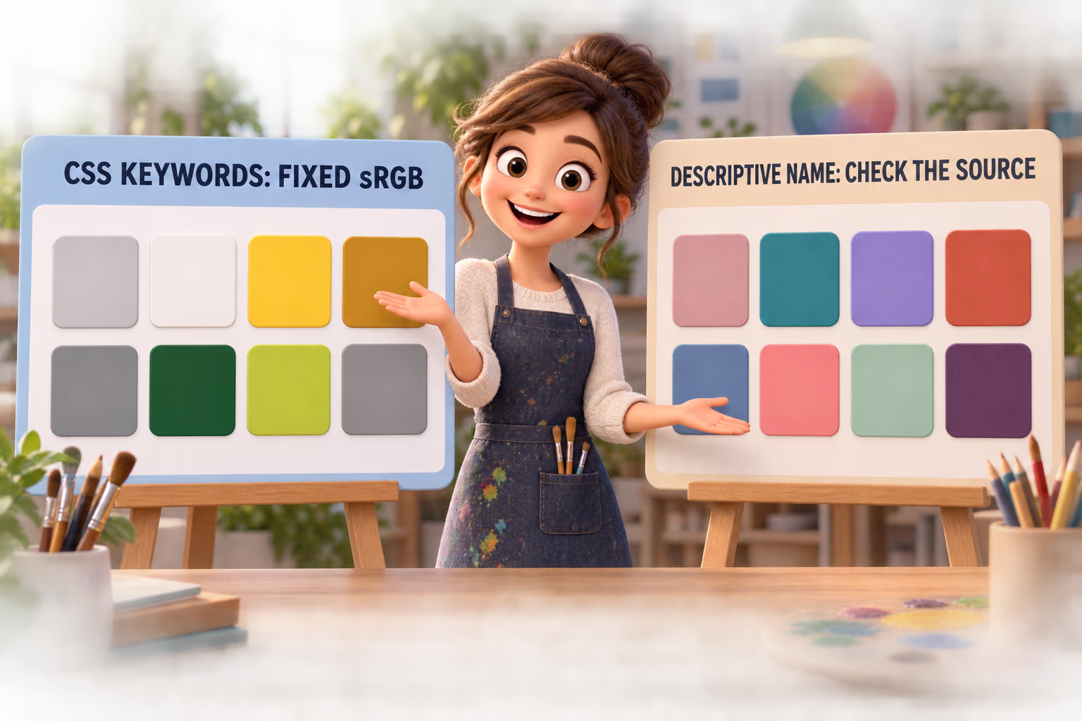Animated color guide compares the fixed sRGB values of eight CSS G keywords with descriptive color names that require a named palette