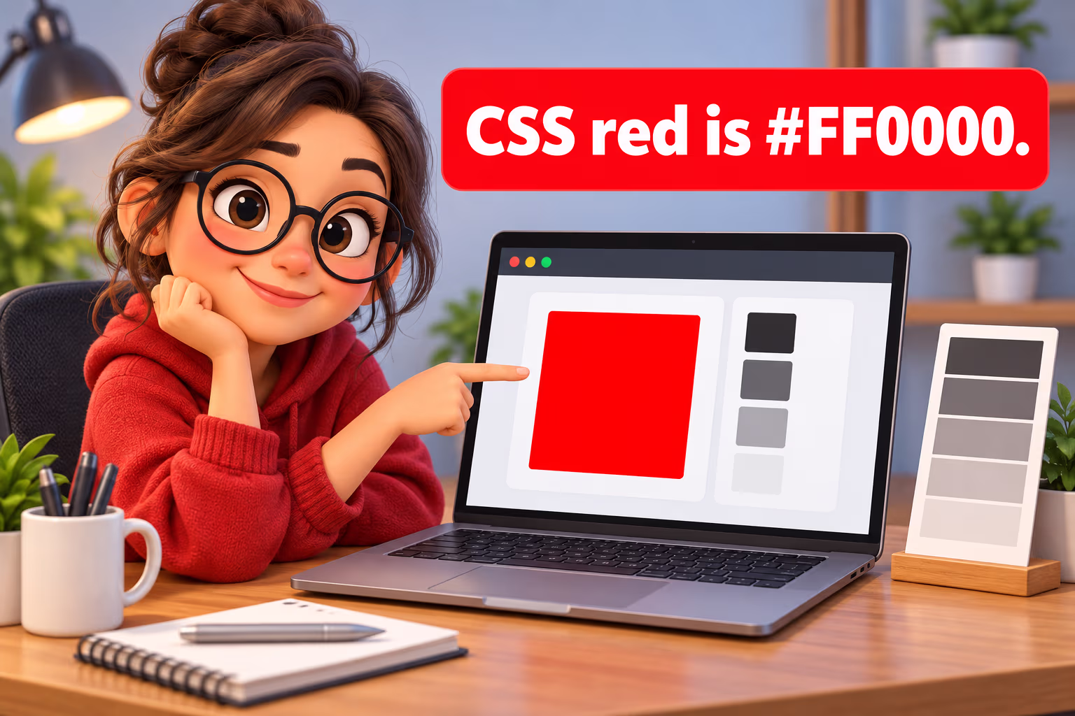A designer compares a red digital swatch with a physical color card; the illustration notes that CSS red is #FF0000.