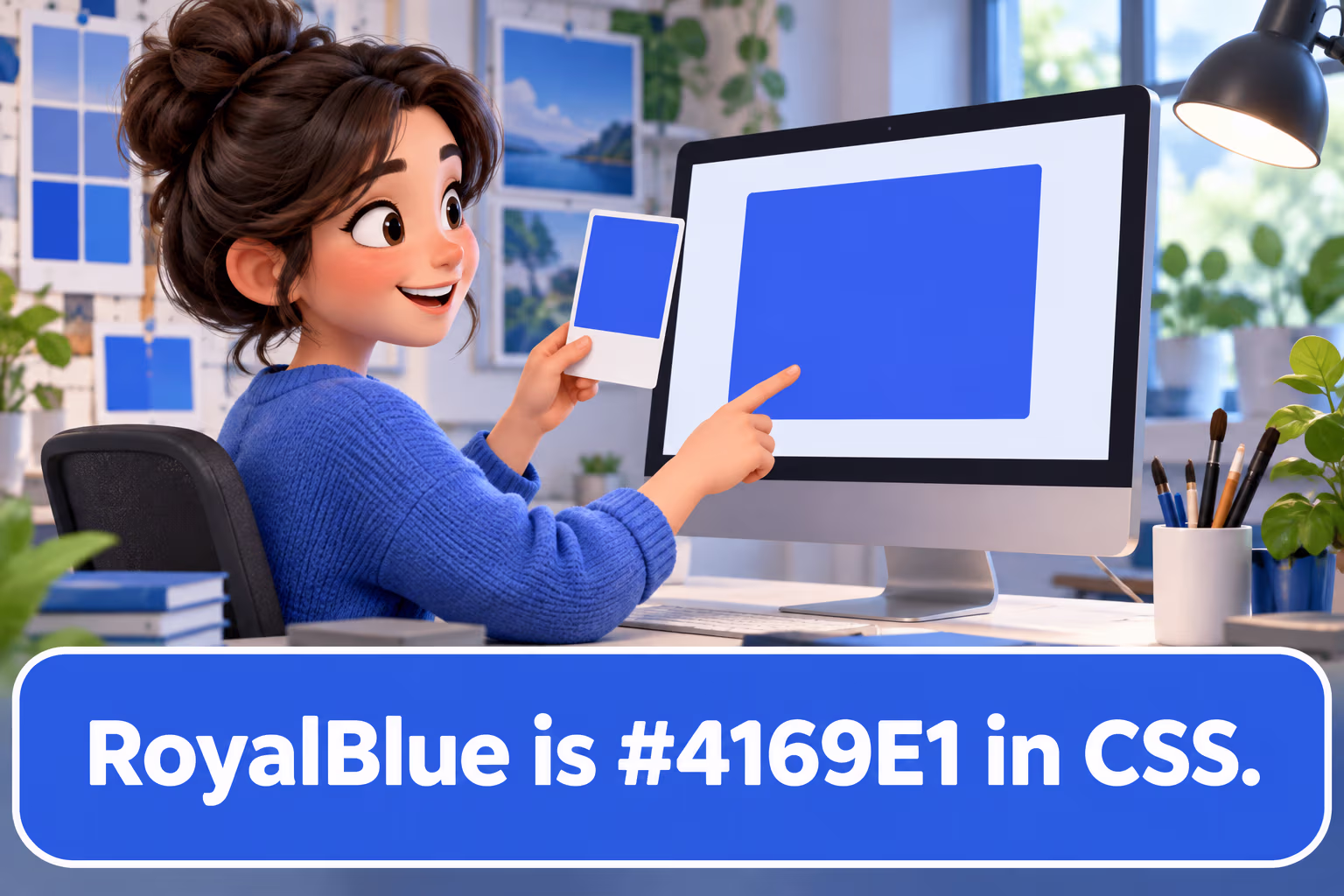 A designer compares a royal-blue screen swatch with a physical card; the teaching label gives CSS royalblue as #4169E1.