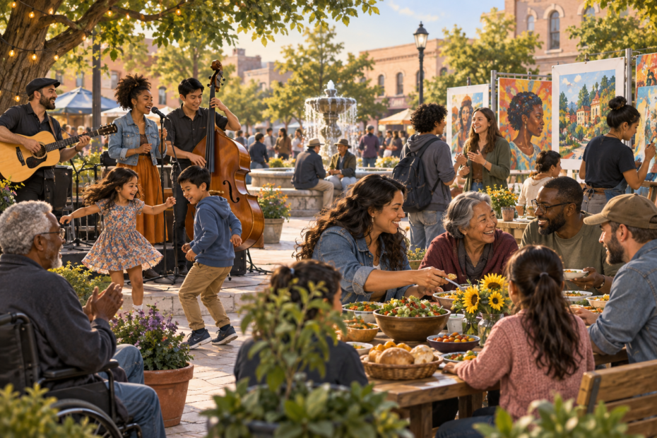 A community arts gathering with neighbors sharing music, food, visual art, and conversation across generations