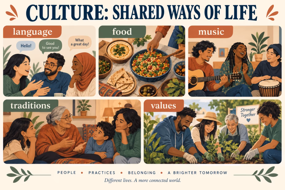 A visual guide to culture as shared ways of life, including language, food, music, traditions, and values.