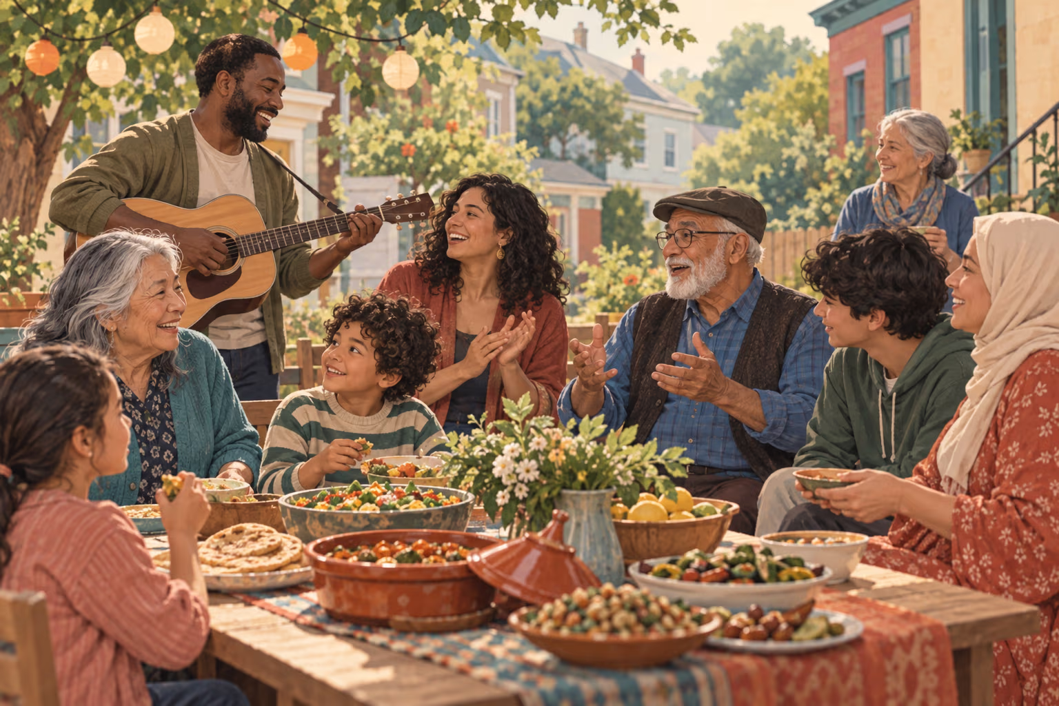 Neighbors across generations sharing food, music, and stories at a gathering.