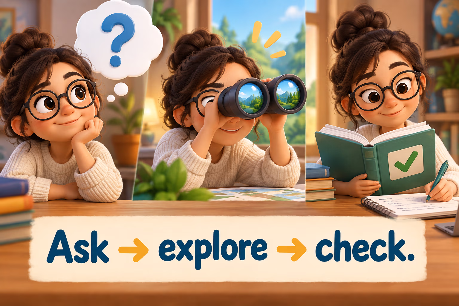 A learner moves from a question to observation and source checking. The text reads Ask, explore, check.