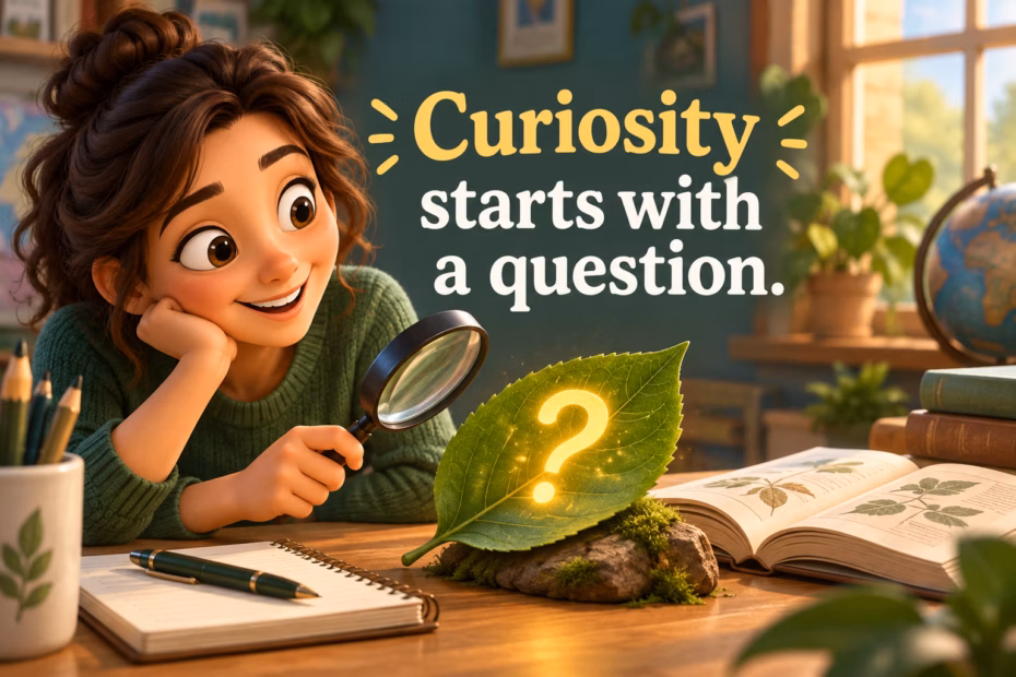 A reader examines a glowing question mark on a leaf with a magnifier and notebook.