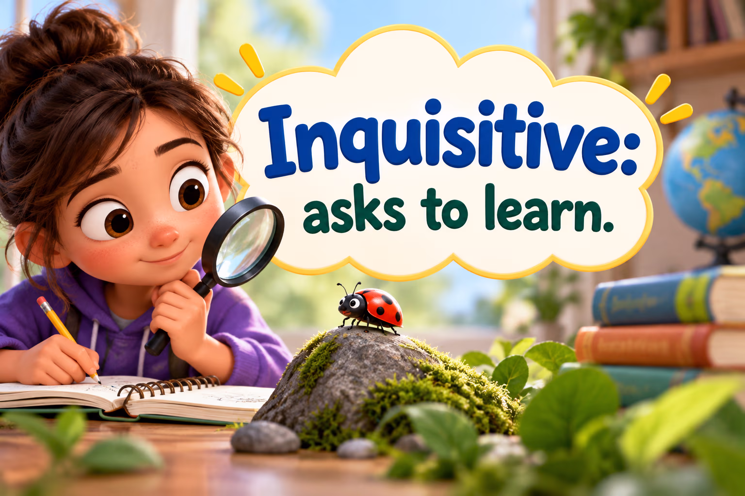A curious learner examines a small insect with a magnifier. The text reads Inquisitive: asks to learn.