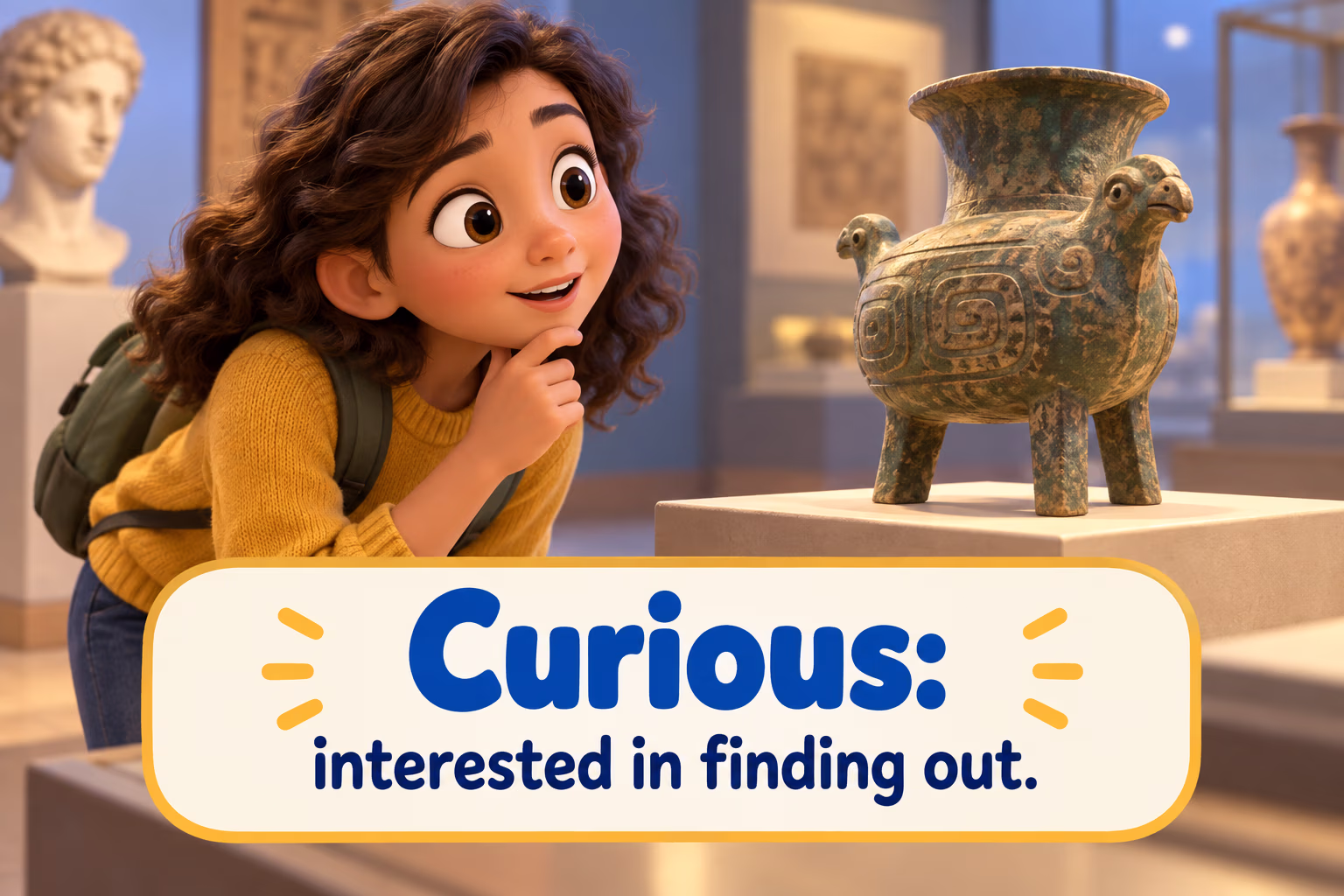 A museum visitor studies an unfamiliar artifact. The text reads Curious: interested in finding out.