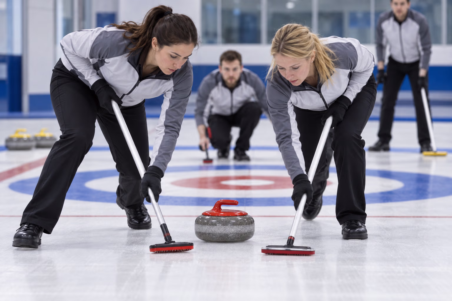 Curling players sweeping in front of a moving stone on indoor ice, with the target rings and teammates visible.