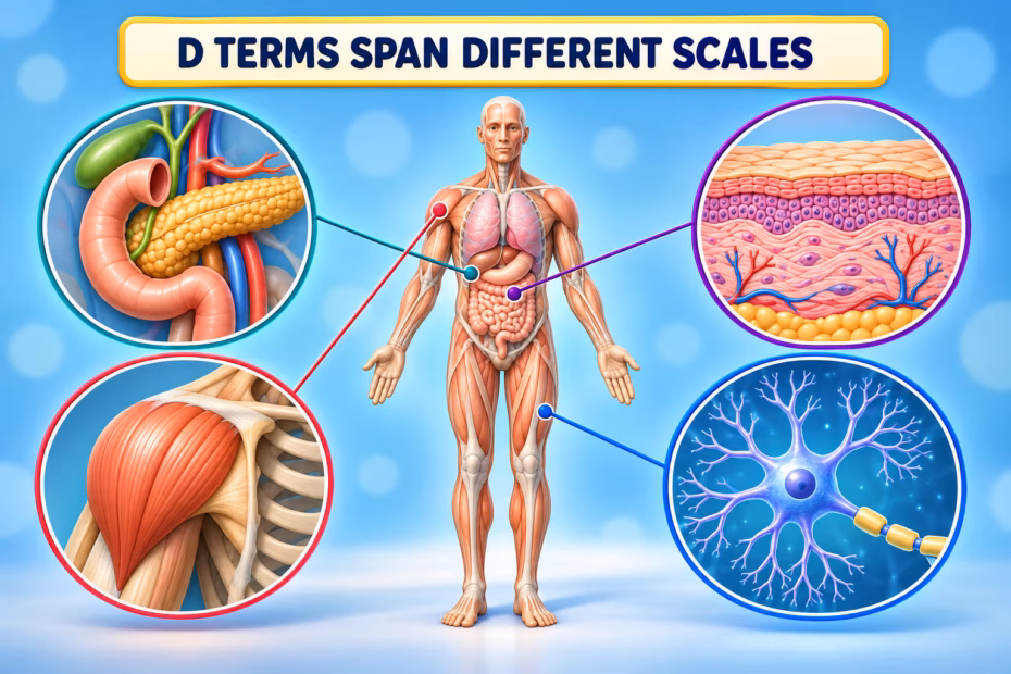 Illustrated overview of D anatomy terms at different scales: duodenum, dermis, deltoid, and neuron dendrites. The visible teaching label says “D terms span different scales.”