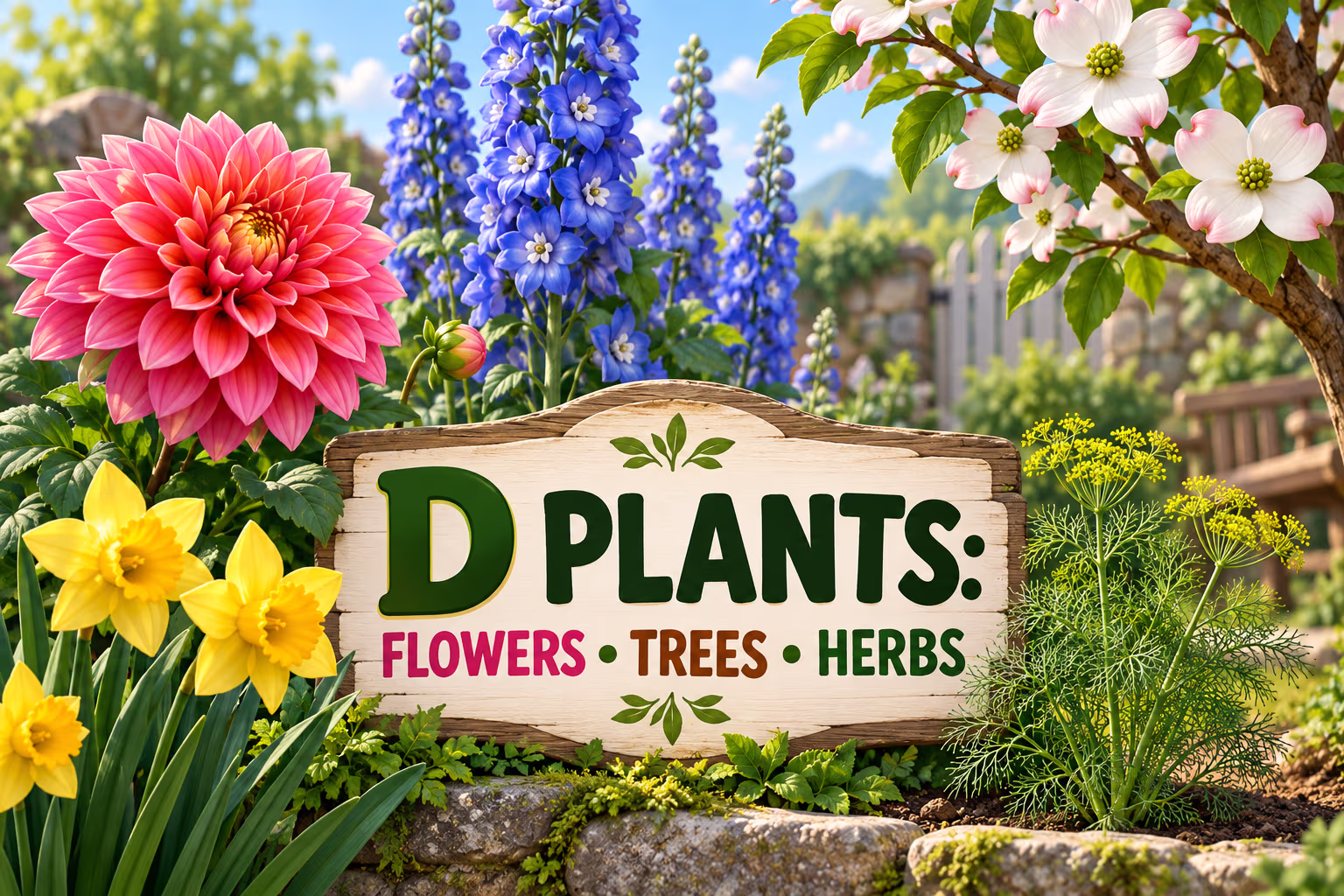 Dahlia, daffodils, delphiniums, a dogwood branch, and dill arranged around a garden sign reading D plants: flowers, trees, herbs