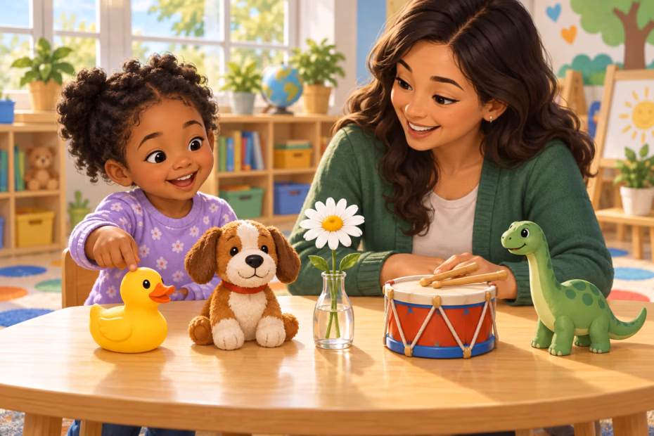 Preschool teacher and child explore a duck, dog, daisy, drum, and dinosaur during a D-word lesson