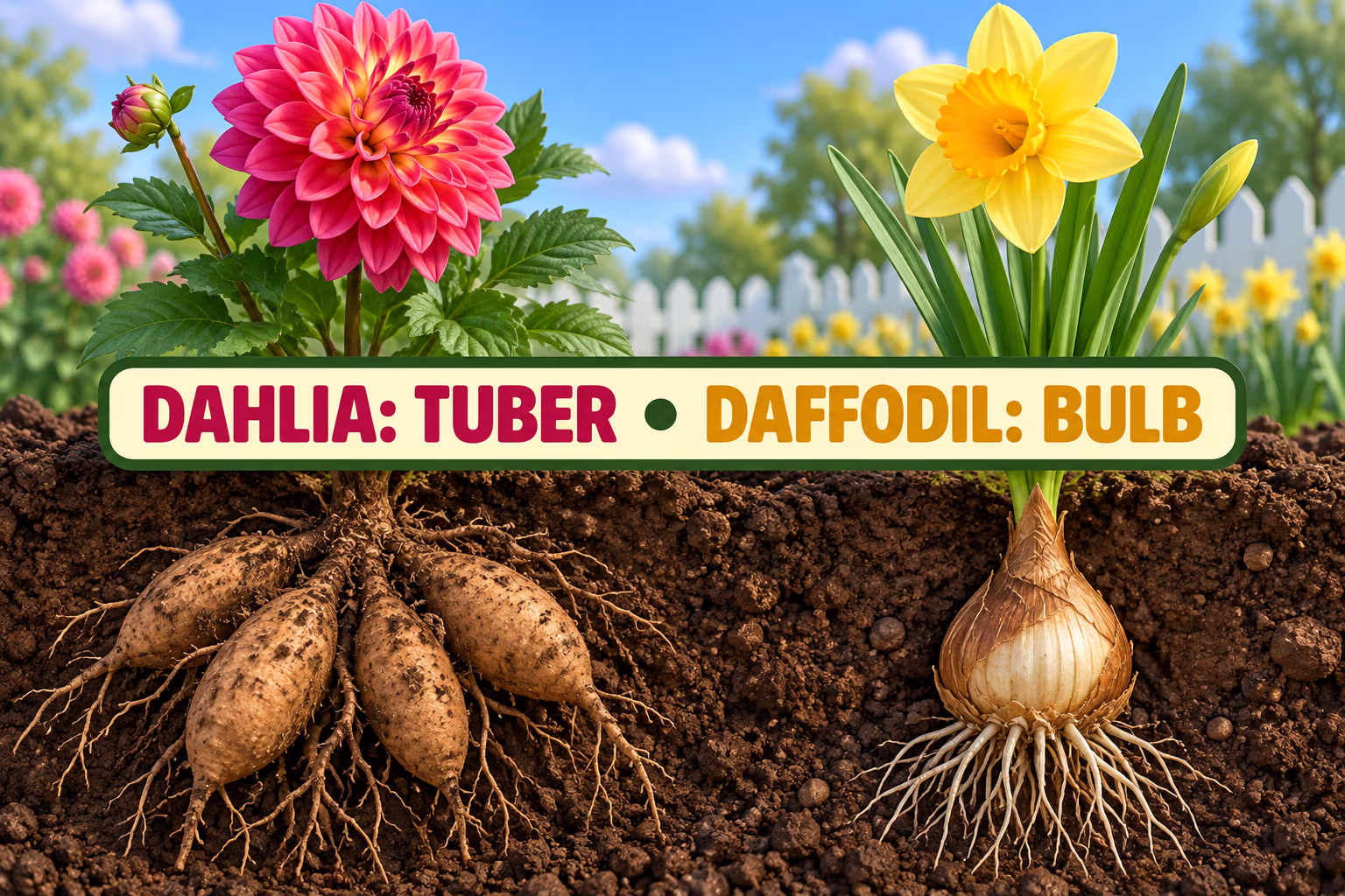 A dahlia tuber and a daffodil bulb shown below their flowers