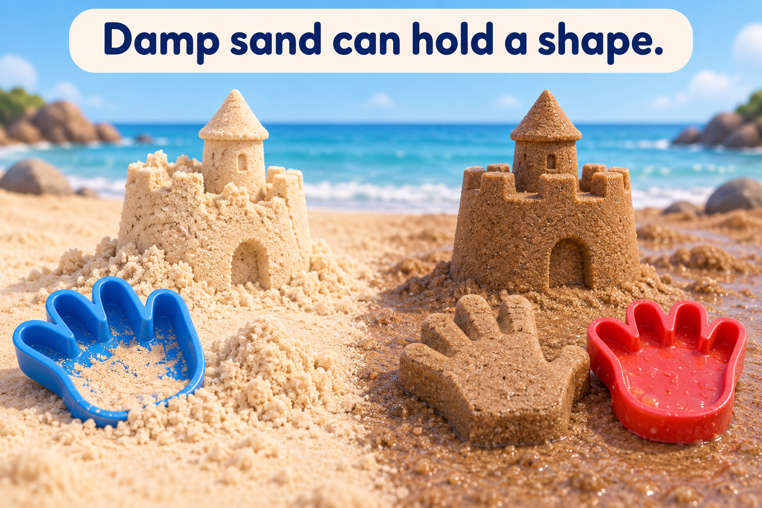 A dry loose sand pile sits beside a darker damp pile shaped into a small sandcastle.