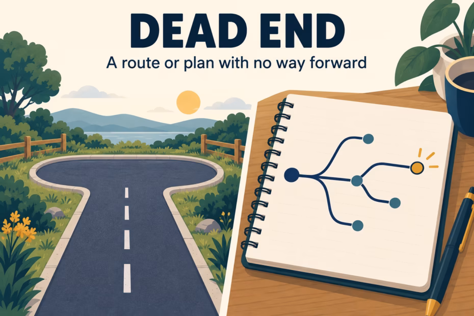 A road and a route map illustrate the meaning of dead end.