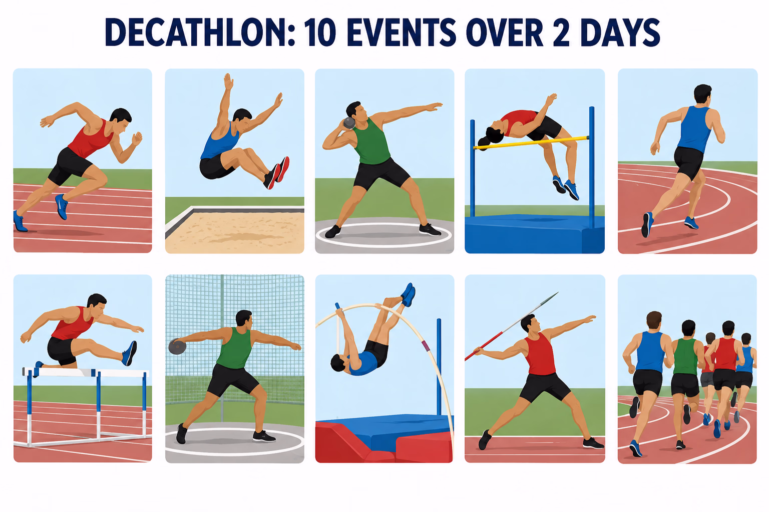Illustrated decathlon event sequence, with track and field athletes and a label noting ten events over two days.