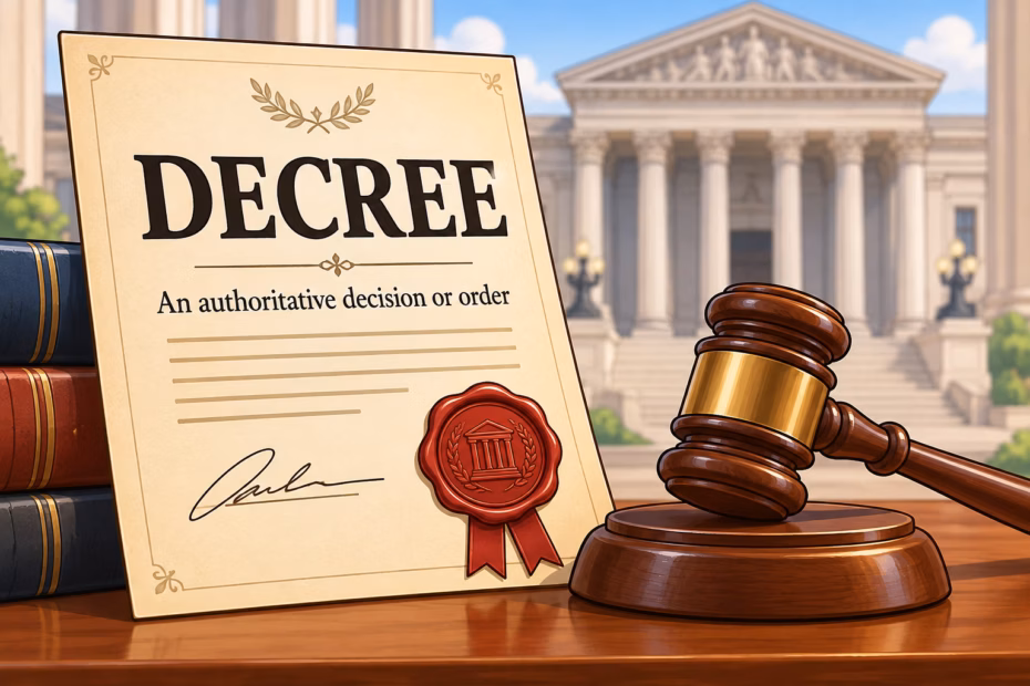 Illustration of a signed official decree, a judge’s gavel, and a clear label showing decree as a formal decision or command