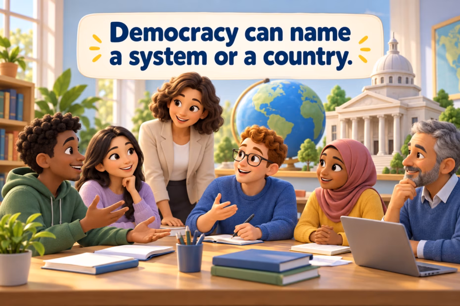 A 3D cartoon teacher and students discuss democracy beside a globe and civic building. Image text: Democracy can name a system or a country.