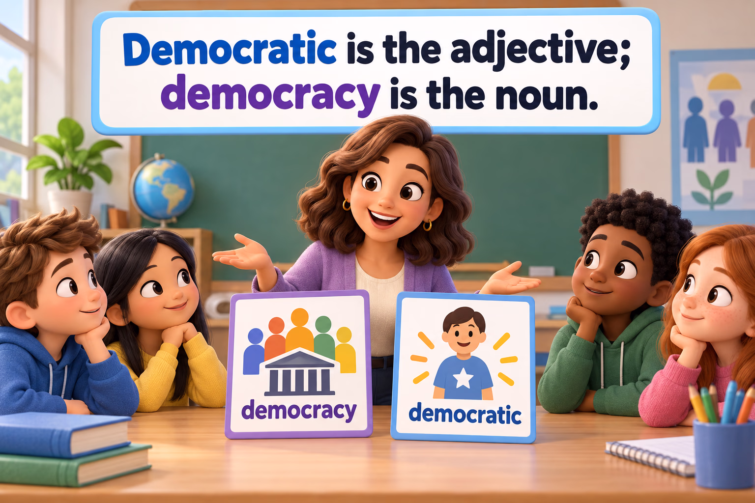 A 3D cartoon teacher compares the words democracy and democratic with students. Image text: Democratic is the adjective; democracy is the noun.