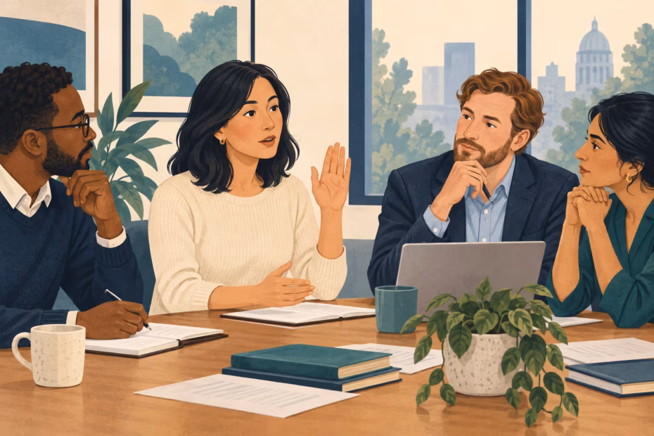 A colleague politely raises a reservation during a team meeting