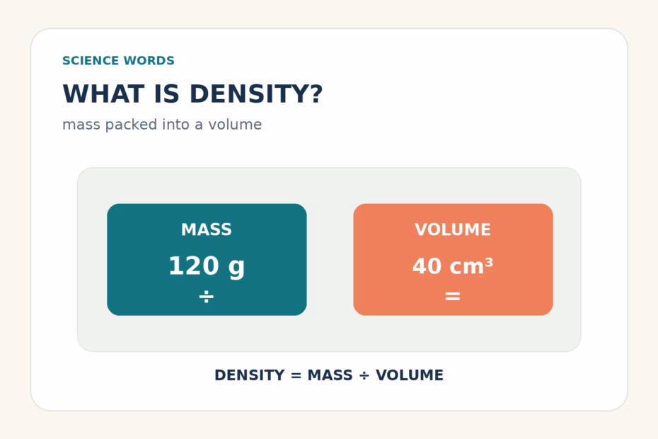 An illustrated block showing mass divided by volume as the formula for density