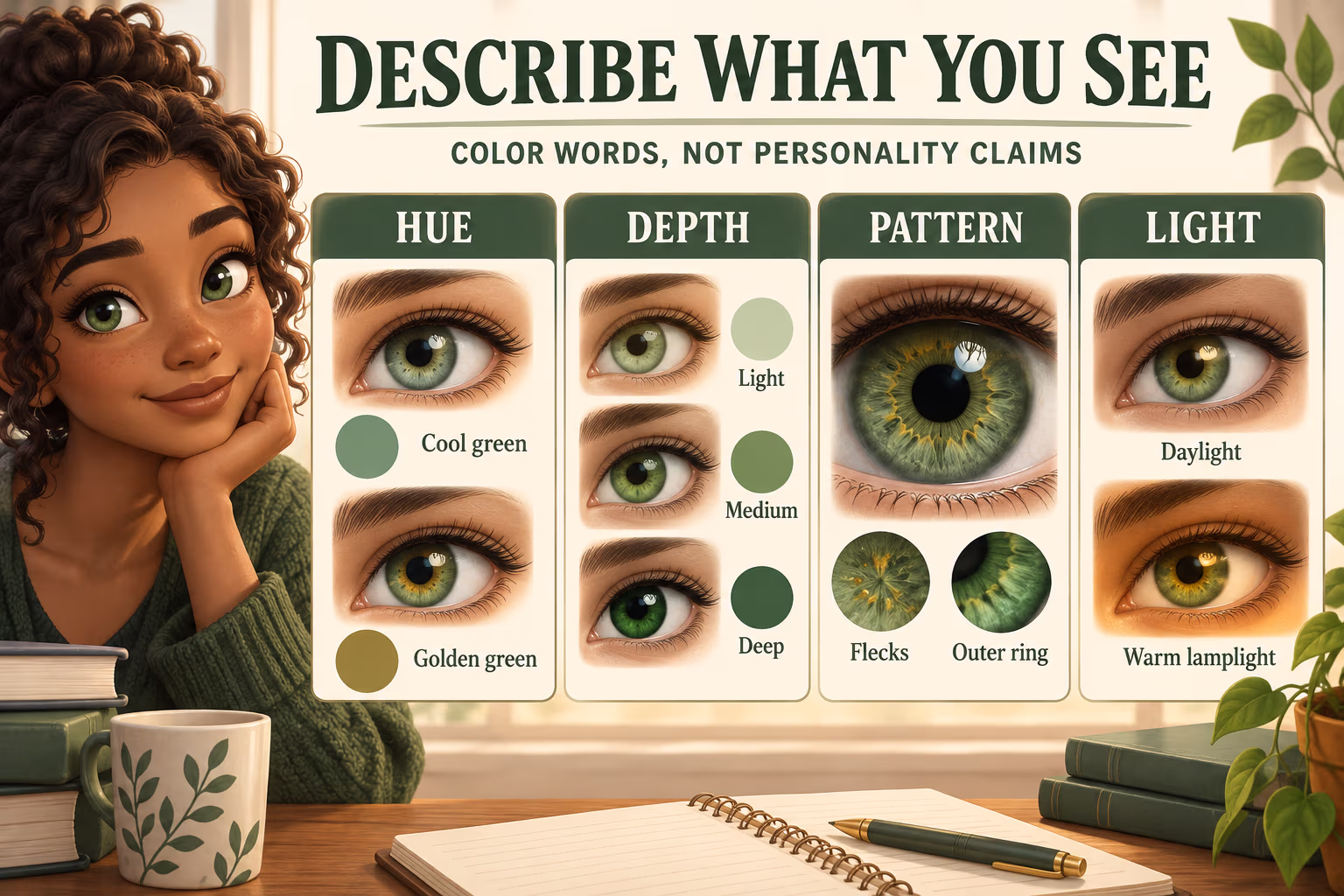 Visual writing guide for describing green eyes by hue, depth, iris pattern, and lighting